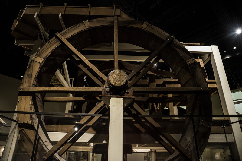 day, Mill Wheel, wooden wheel, sky, oil pump, wood - material, machine, no people, Museum, outdoors, night, steel, public domain, water wheel, illuminated