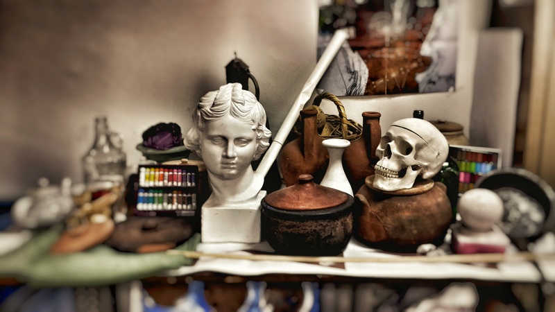 skull, gypsum, figurine, male likeness, representation, shelf, for sale, 4K, selective focus, pots, drawing, eros, close-up, choice, antique, craft, no people