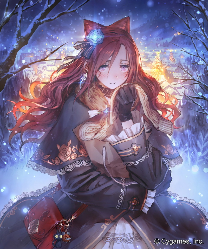 720P, long hair, Shingeki no Bahamut, snow, animal ears, redhead, Ceres (Shingeki No Bahamut), anime, dress, purple eyes, anime girls, winter