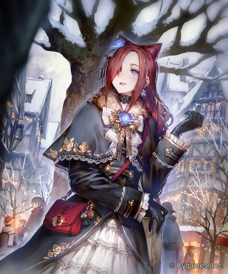 animal ears, dress, Ceres (Shingeki No Bahamut), purple eyes, anime, town, anime girls, long hair, winter, Shingeki no Bahamut, 720P, redhead