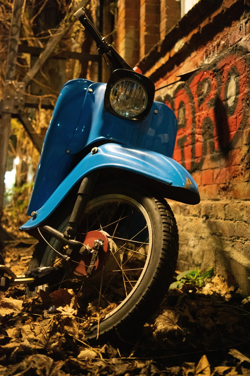 retro, turned off, motor vehicle, day, classic, graffiti, land vehicle, oldtimer, vehicle, motor scooter, two wheeled vehicle, parking, scooter, built structure