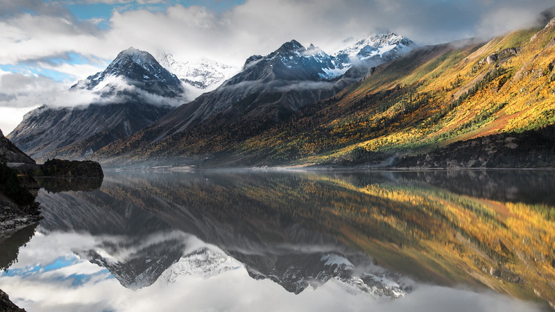 1080P, sunlight, snow, rocks, sky, forest, nature, reflection, landscape, trees, clouds, mountains, Rakwa Tso, China, water, lake