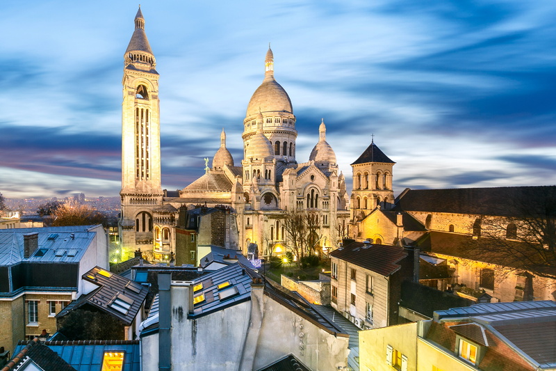 temple, roof, France, the evening, Paris, Montmartre, lights, home, 2K