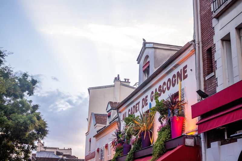 text, multi colored, building, flag, outdoors, day, city, low angle view, building exterior, restaurant, paris, plant, montmartre, tree, 5K, nature, residential district