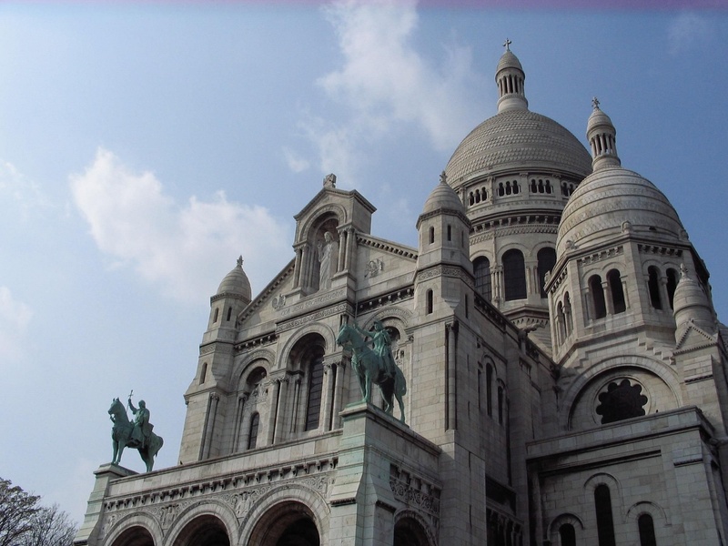 built structure, no people, travel destinations, catholic, front, montmartre, spirituality, architecture, cloud - sky, gray, low angle view, france, cathedral