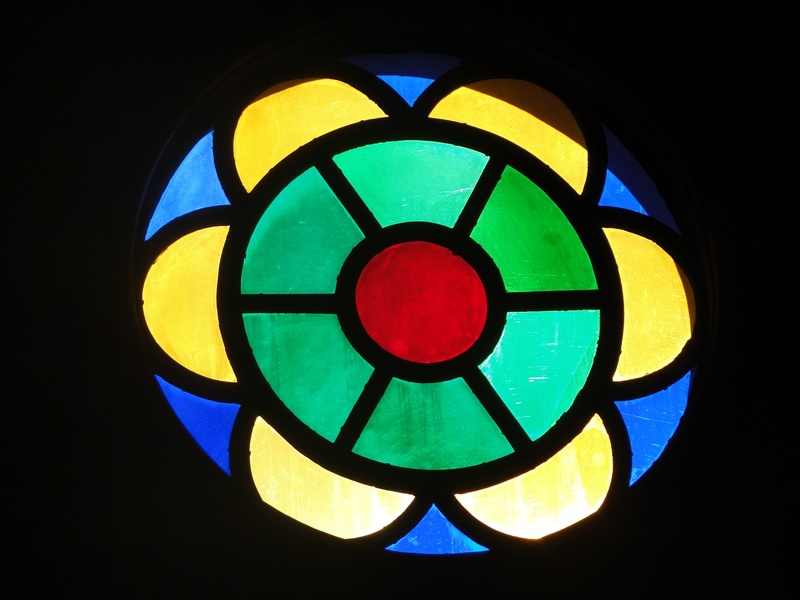circle, light, black background, directly below, photo, indoors, multi colored, catholic church, jesus christ, close-up, studio shot, glass, religion, art