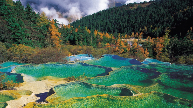 landscape, scenic, water, 1080P, stone, blue, hot, springs, trees, forest, nature, colorful