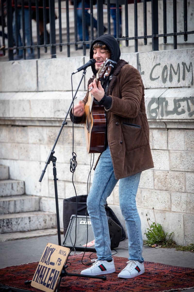 pants, apparel, guitar, playing, music, one person, camera - photographic equipment, clothing, outdoors, artist, person, mature men, 5K, men, casual clothing