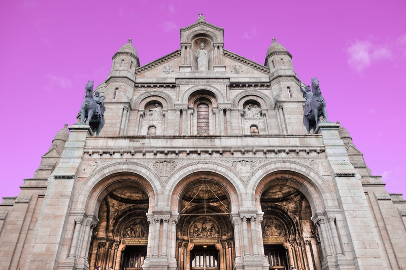 architecture, paris, pink, gothic, ornate, qhite, the past, sacre coeur, sky, arch, built structure, basilica, facade, france, statue, travel destinations