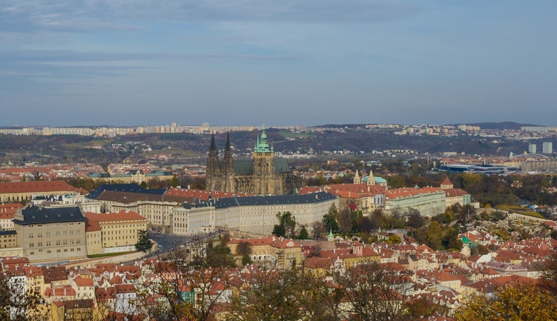 sky, st vitus cathedral, travel destinations, detail, prague, tree, architecture, residential district, outdoors, building, clouds, plant, the past, city