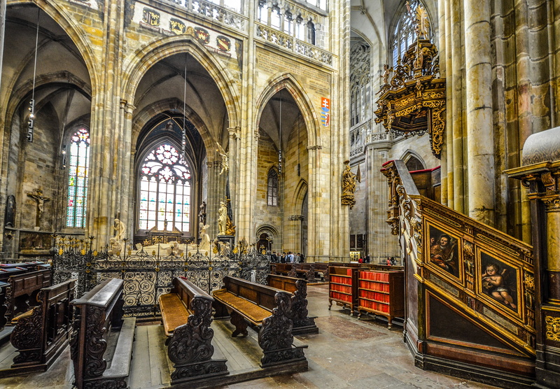 spirituality, worship, pews, church, 4K, altar, historic, built structure, religious, place of worship, stained glass, european, window, vitus, pray, interior