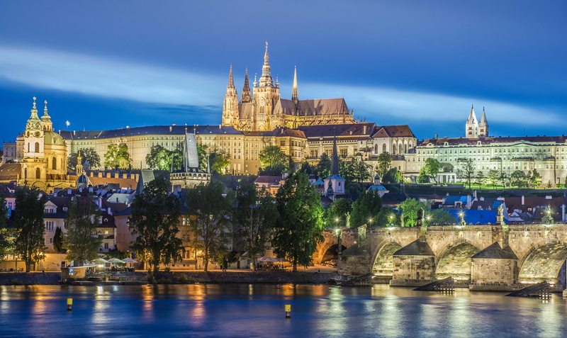 waterfront, river, Vltava, water, bridge - man made structure, sky, architecture, St. Vitus Cathedral, no people, travel, arch bridge, building, Prague