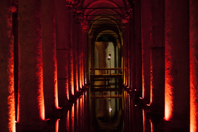 architectural column, water, channel, date, arcade, tourist, indoors, ruin, the past, built structure, no people, red, place of worship, travel destinations
