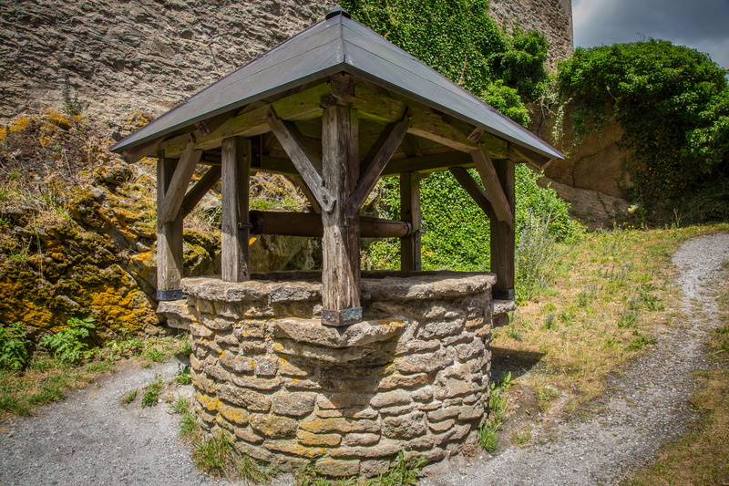 castle, solid, fortress, stone material, architectural column, fountain, well, tree, wood - material, water, nature, tranquil scene, growth, built structure