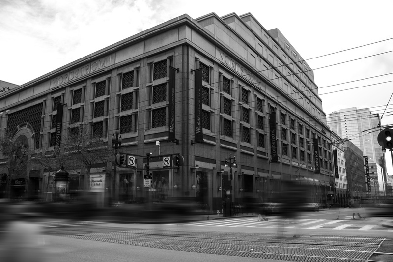 photography, downtown, land vehicle, black-and-white, speed, city life, no people, town, city, motor vehicle, grayscale, outdoors, architecture, mall, shop
