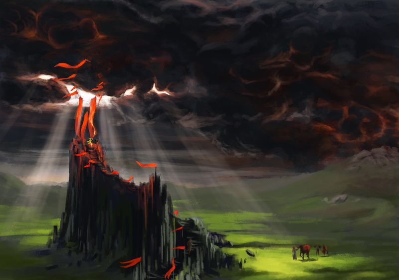 motion, scenics - nature, mountain, burning, 4K, fire, clouds, group of people, flag, incidental people, water, day, fantasy art, geology, nature, Altar