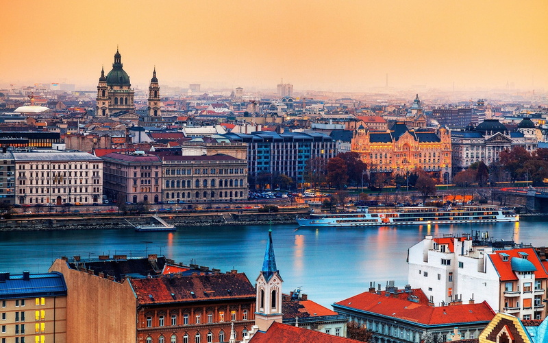 city, blue, cultures, tourism, cityscape, sky, transportation, 1080P, capital Cities, no people, budapest, river, sunset, night, high angle view, city Life