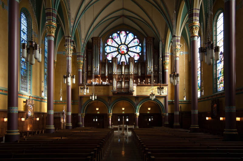 organ, daytime, building, no people, architectural column, stained glass, built structure, indoors, brown, belief, ornate, pew, aisle, church, place of worship