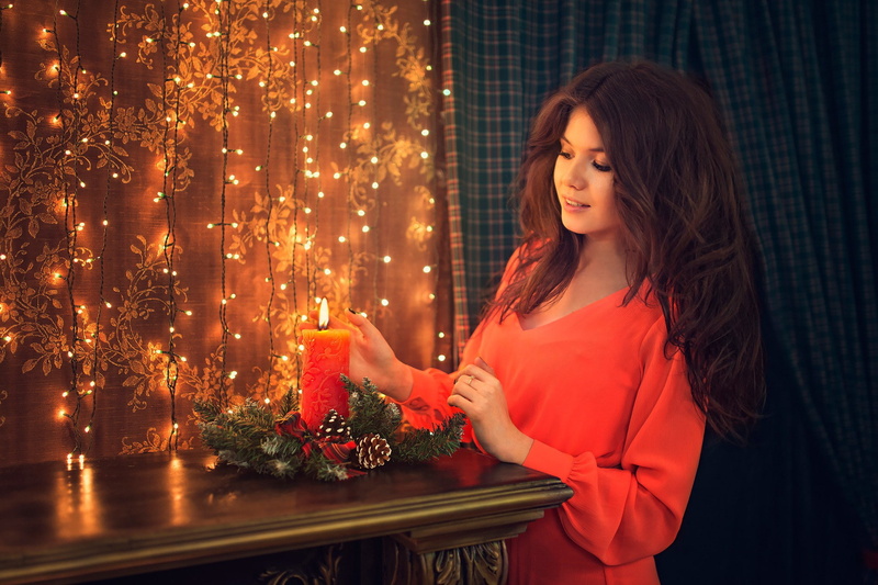 sweater, garland, 1080P, candle, neck, women, holiday, girl, deep, s, v, red
