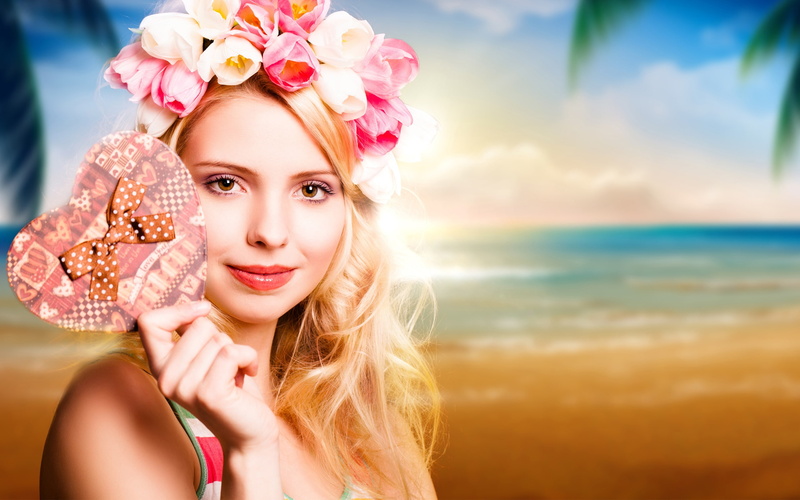 Girl, Heart, Beach, Garland, 2K, Blonde, Tulips