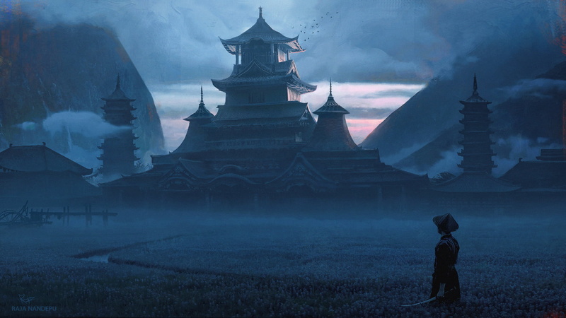 pagoda, Raja Nandepu, katana, digital art, evening, samurai, mist, artwork, sunset, building, clouds, fantasy art, field, Asian architecture, 1080P