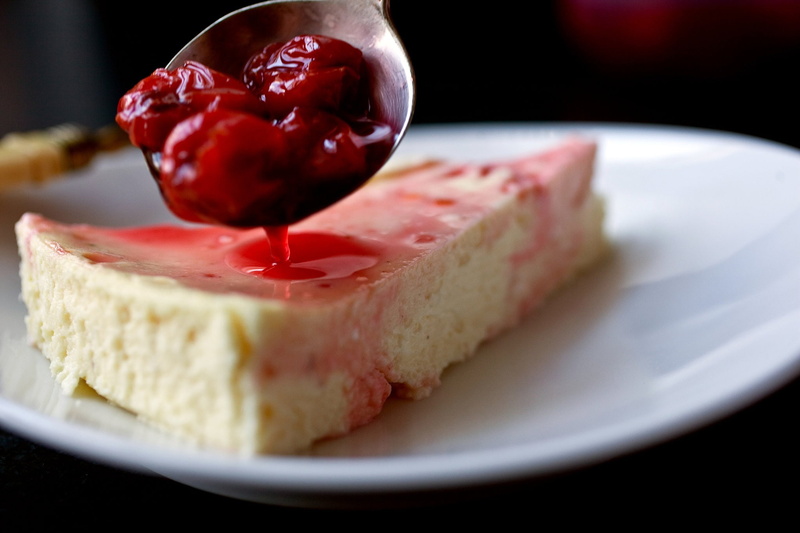 indoors, baked, dessert, food, temptation, breakfast, indulgence, ready-to-eat, plate, cake, slice, fruit, cherries, selective focus, close-up, still life