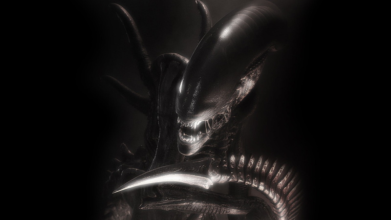 black background, no people, sculpture, representation, statue, h r_ giger alien movie xenomorph, body part, illuminated, black color, metal, 1080P, shiny