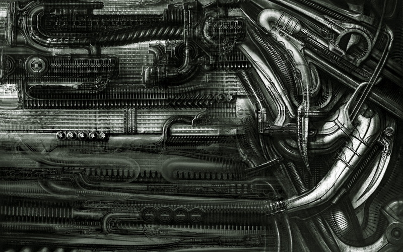 h r_ giger artist abstract, backgrounds, stack, complexity, 2K, design, silver colored, connection, still life, abundance, in a row, pattern, indoors