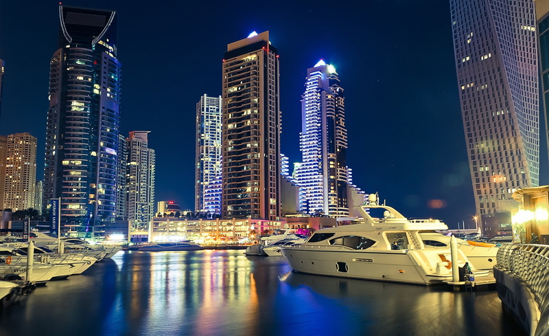 skyscraper, water, landscape, hd, dxb, building exterior, nautical vessel, city, modern, yacht, transportation, office building exterior, night