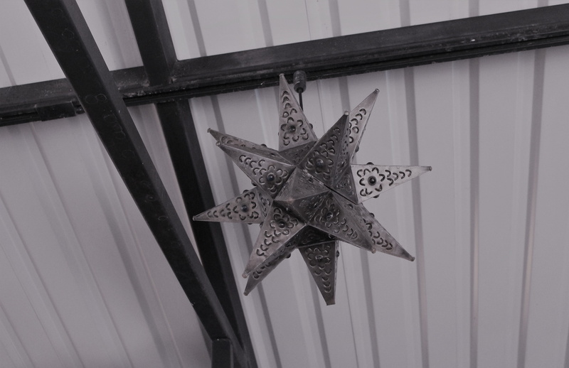 ceiling, silver art, indoors, 3d art, hanging art, metal art, pattern, no people, close-up, tin art, hanging, decoration, silver star, 4K, one animal