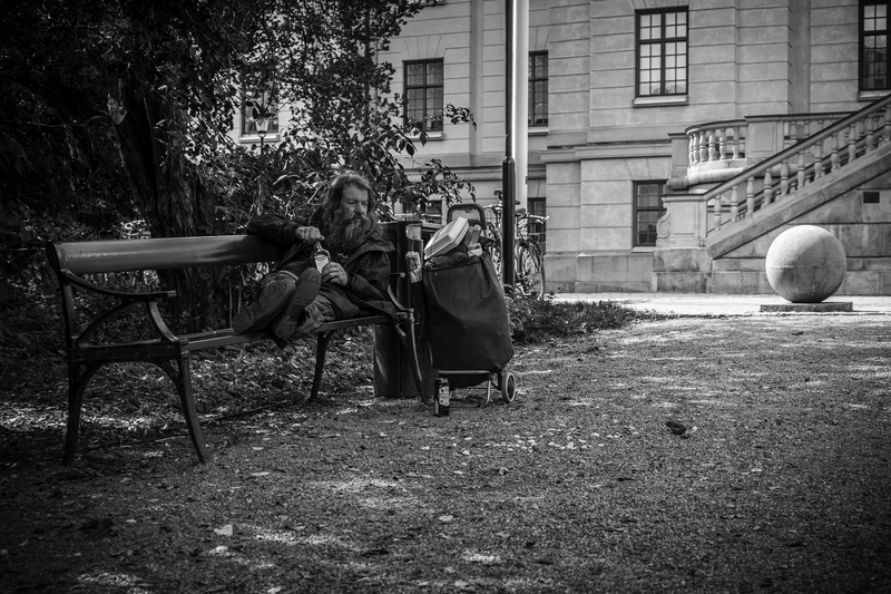 consequence, bench, seat, trees, building, park, stockholm, chair, people, derelict, luggage, man, full length, forest, plant, building exterior, real people