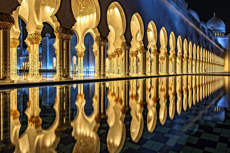 Light, Reflection, Night, Sheikh Zayed Grand Mosque, Mosques, Architecture, Abu Dhabi, 1080P, Mosque