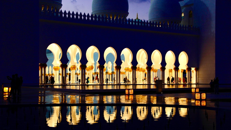 built structure, mosque, architecture, reflection, tourism, united arab emirates, reflecting pool, history, the past, water, illuminated, architectural column
