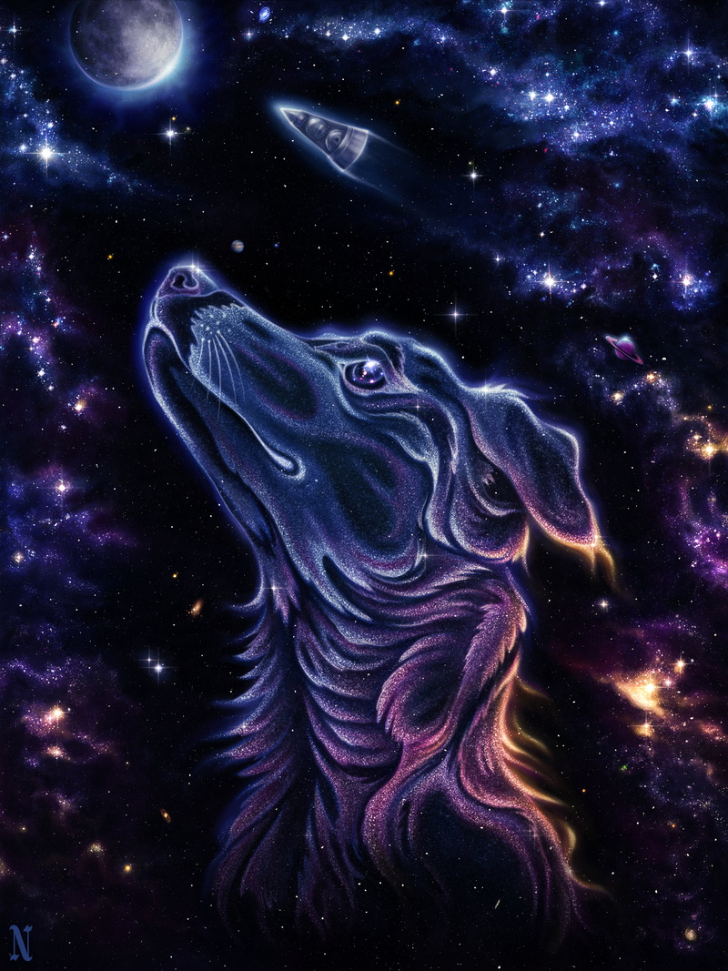 universe, animals, space shuttle, dog, Laika, Sputnik, portrait, space, space art, space travel, illustration, 2K