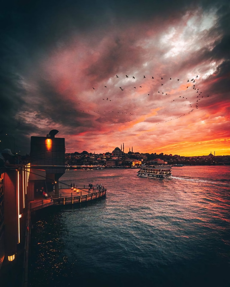 Islamic architecture, boat, vertical, 1080P, sunset, cityscape, Turkey, sunlight, Bosphorus, sky, sea, architecture, Istanbul, sailing ship, city