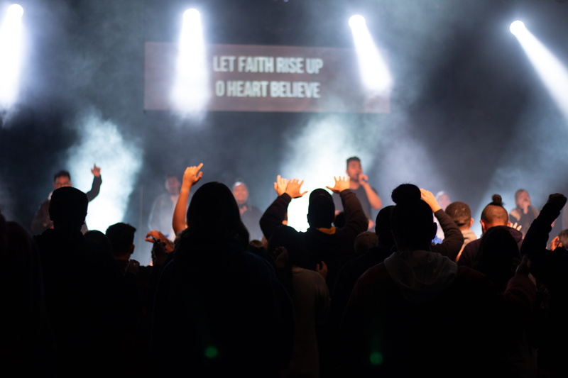 popular music concert, singing, enjoyment, crowd, excitement, rock music, stage, performance, lighting, concert, people, adult, found, praise, real people
