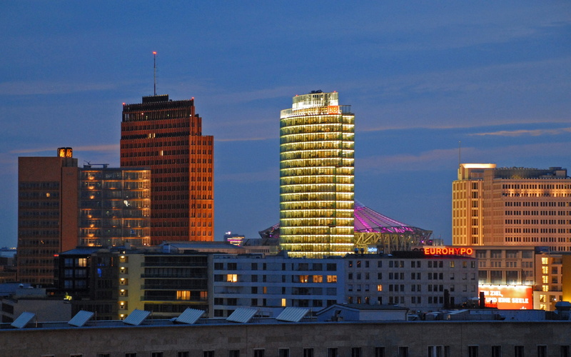 travel, building exterior, office building exterior, modern, illuminated, outdoors, berlin, potsdam place, skyscraper, office, travel destinations, building