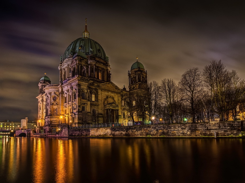 dome, architecture, illuminated, place of worship, sky, berlin cathedral, water, building exterior, spirituality, reflection, religion, 1080P, night, nature