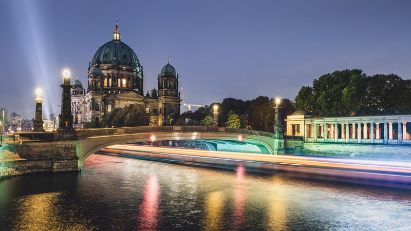 Cathedrals, 1080P, Night, Germany, River, Berlin Cathedral, Architecture, Dome, Light, Cathedral, Berlin
