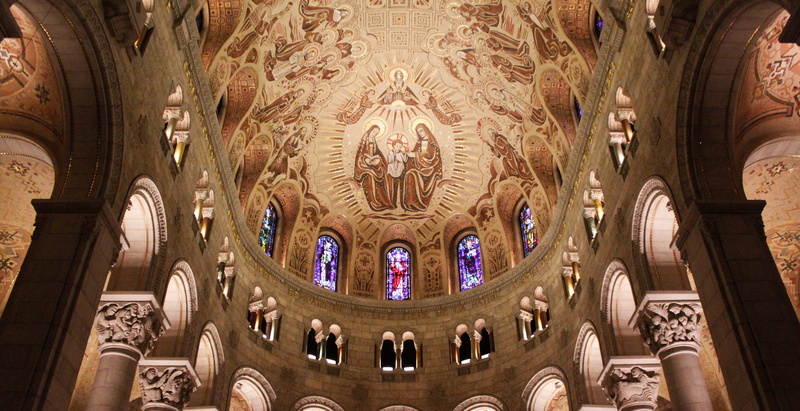travel, mural, stained glass, no people, church, architectural column, the past, built structure, belief, architecture, 4K, sainte-anne-de-beaupré, architecture and art