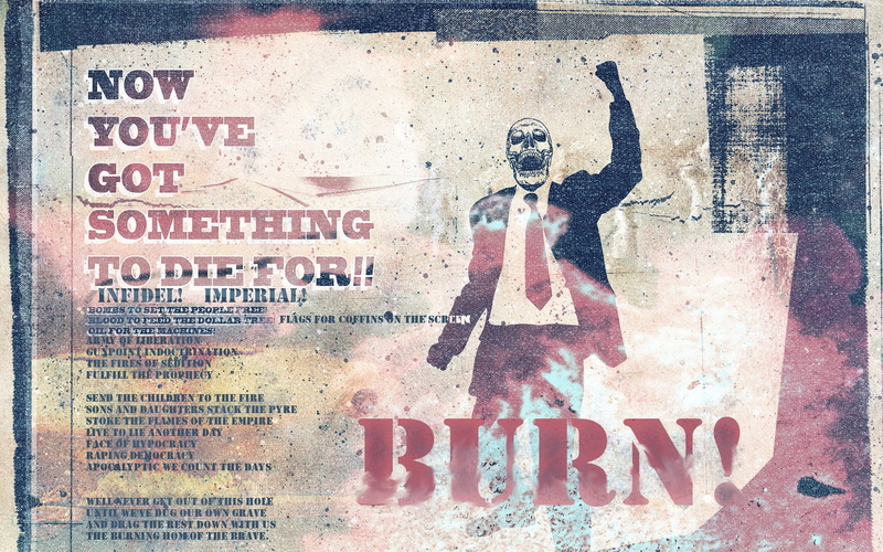 text, wall, tie, burn, digital art, 1080P, Lamb of God, burning, skull, graffiti, war