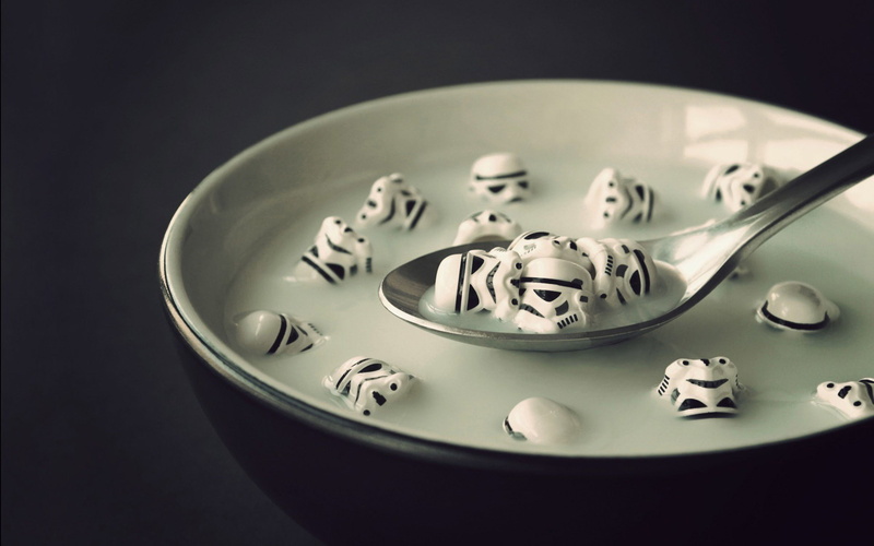 cereal, Star Wars, stormtrooper, abstract, milk bath, spoon, humor, memes, 1080P