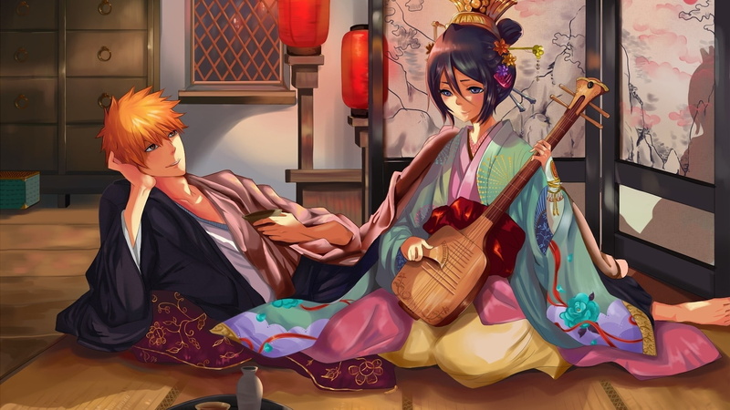 females, Kurosaki Ichigo, Kuchiki Rukia, occupation, adult, home interior, beautiful woman, Bleach, sitting, women, full length, indoors, 1080P, people