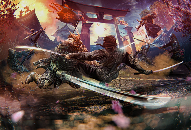samurai, 720P, ninjas, fantasy art, flag, Ninja, battle, sword, warrior, artwork