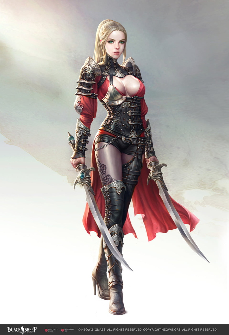 mantle, Young June Choi, drawing, warrior, ponytail, women, red clothing, blonde, sword, green eyes, 720P, armor, high heels, boots, weapon