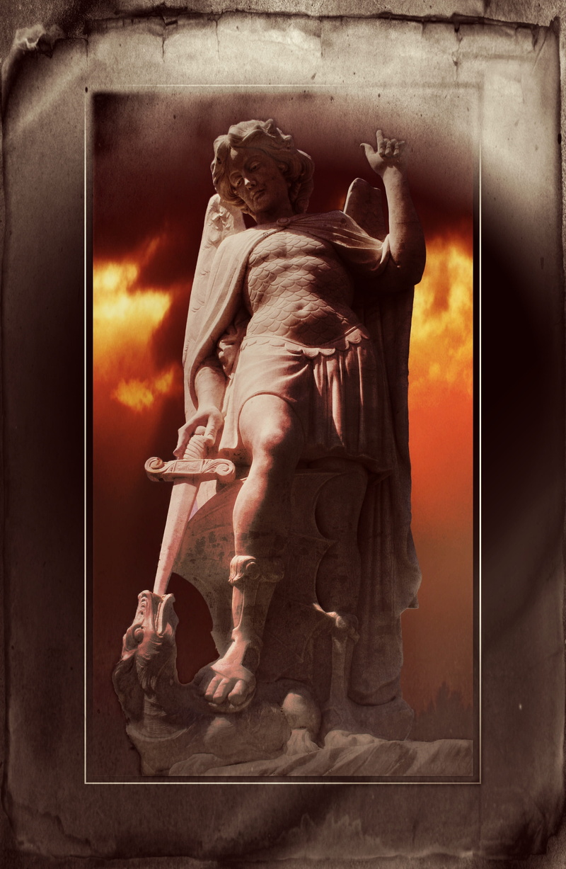 computer art, art and craft, sky, statue, religious, spirituality, christian, old, dragon sword, belief, low angle view, cemetery, male likeness, representation
