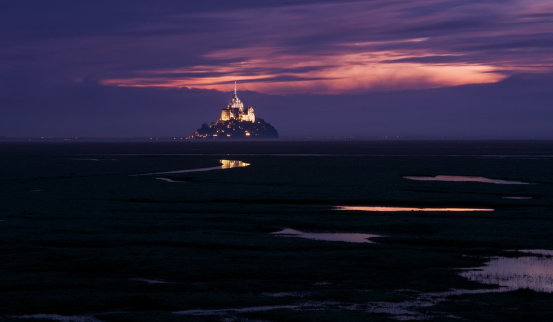the sky, backlight, 1080P, Mont Saint-Michel, Mont-Saint-Michel, purple, island, twilight, the mountain of the Archangel Michael, fortress, France