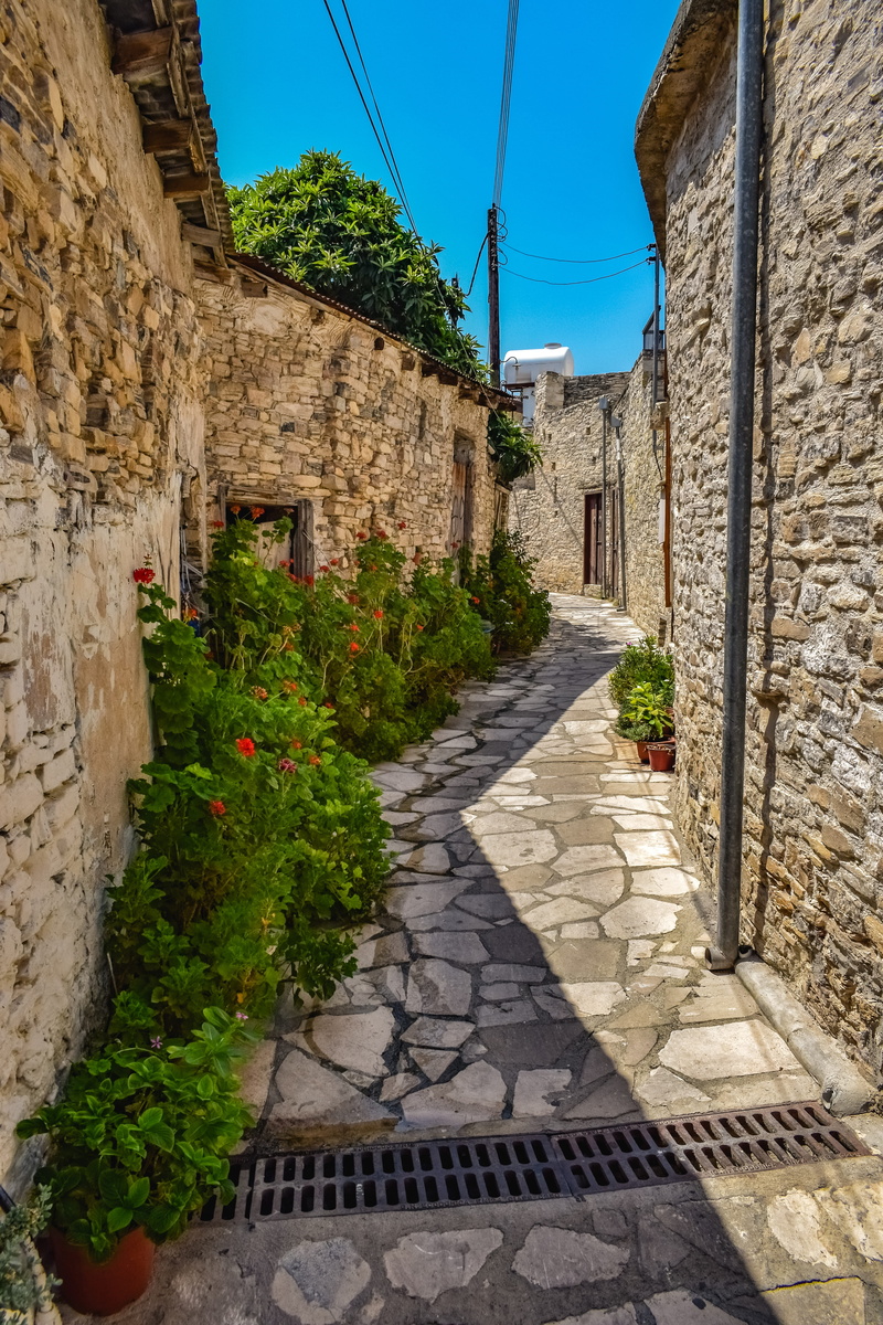 potted plant, kato lefkara, street, built structure, summer, plant, alley, city, wall, sky, the way forward, backstreet, outdoors, architecture, residential district