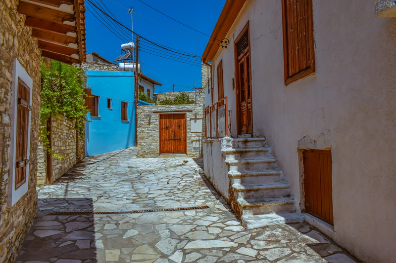 architecture, alley, summer, door, entrance, footpath, village, traditional, residential district, blue, no people, 5K, the way forward, kato lefkara