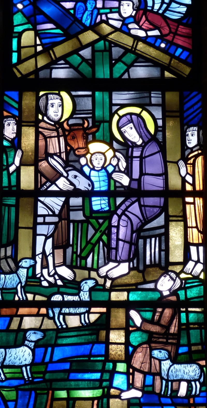 glass, josef, christianity, christmas, built structure, window, stained glass, art and craft, full frame, place of worship, art, donkey, belief, architecture